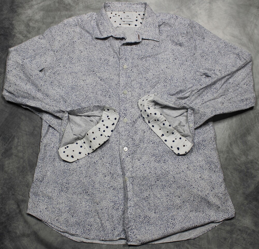 Paul Smith Shirt Mens Large Blue Graphic Print Long Sleeve Button Up Slim Fit